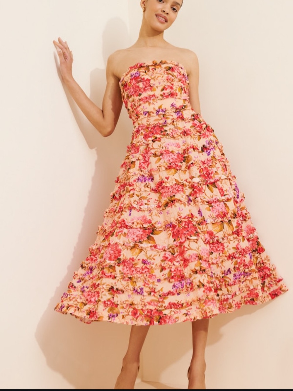 Mac Duggal Ruffle Strapless Floral Midi Dress in Peach Pink